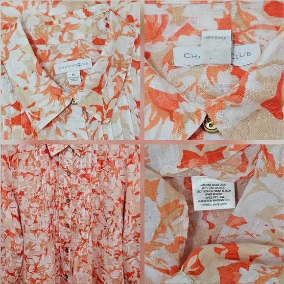 Charter Club 100% Linen Orange & White Floral Button Down Blouse - Picture 7 of 16